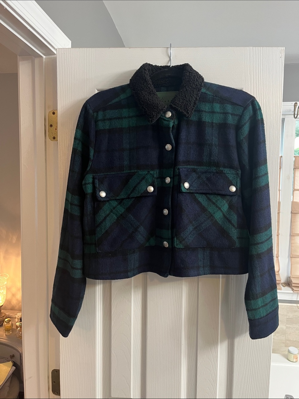 BLANK NYC Black Watch Plaid Sherpa-Collar Cropped Jacket - Navy & Green & Black